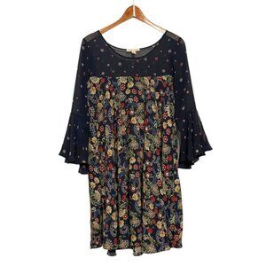 Paper Crown Anthropologie Floral Swing Dress w/ Sheer Detail Size S
